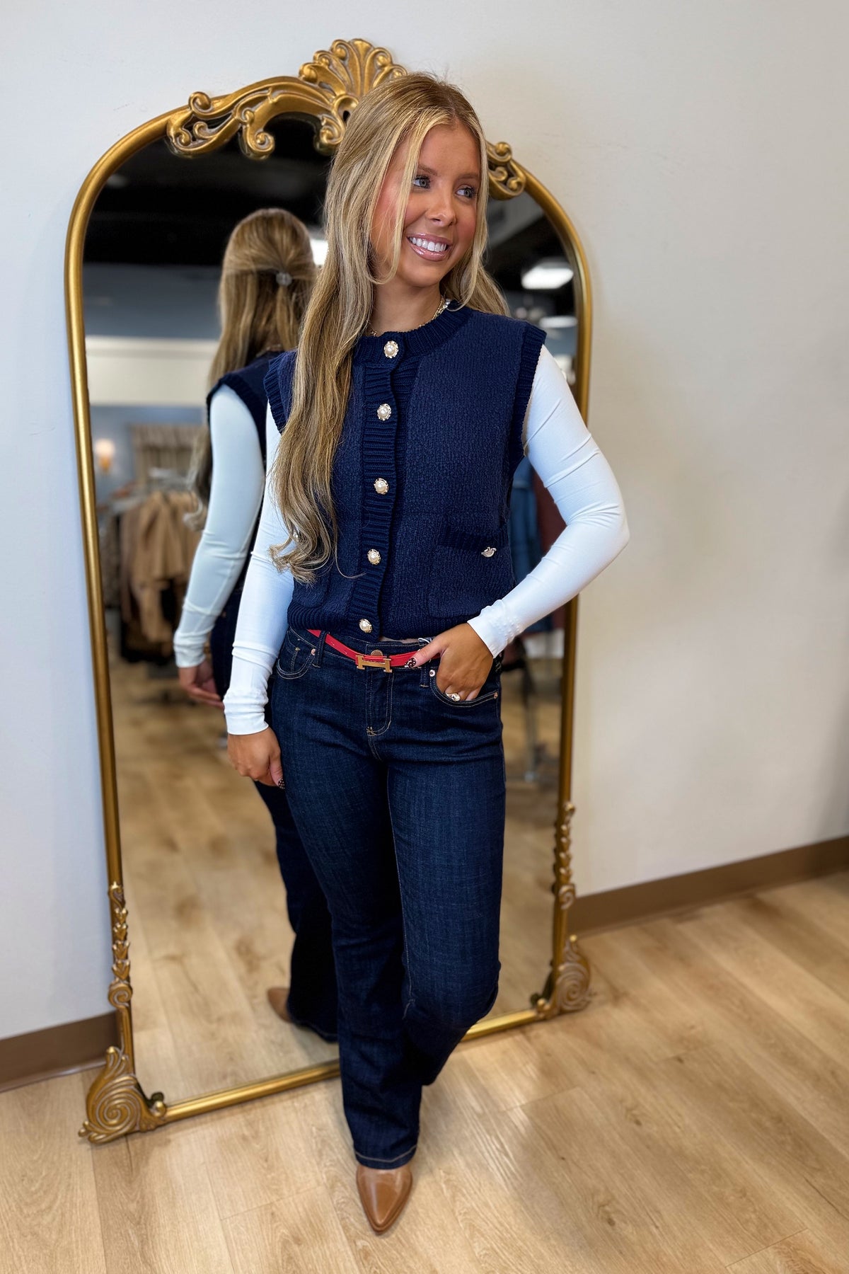 Soft Form Pearl Jeweled Vest Navy