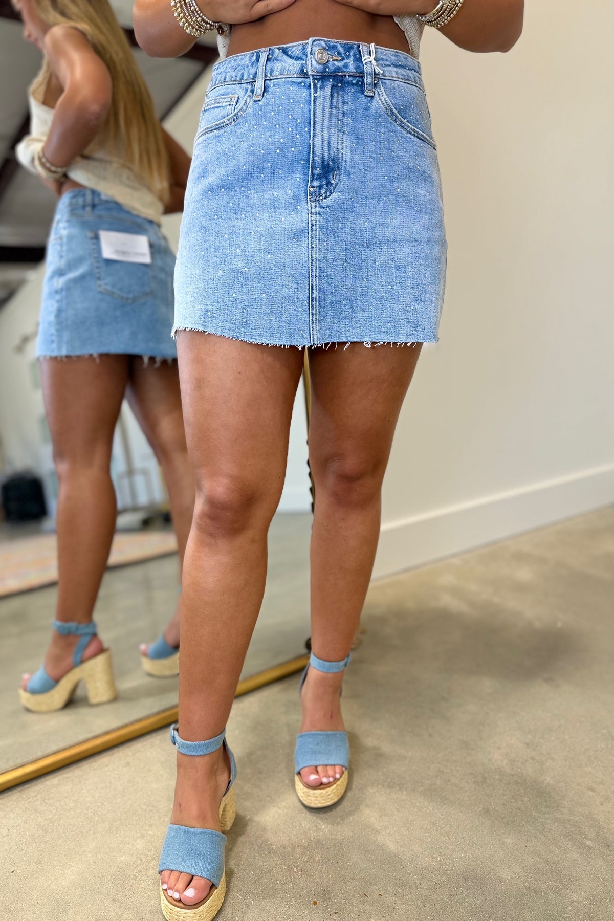 Bayeas Rhinestone Studded Mini Skirt Denim
