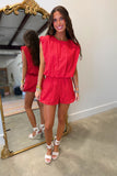 Bubble Hem Eyelet Short Set Red