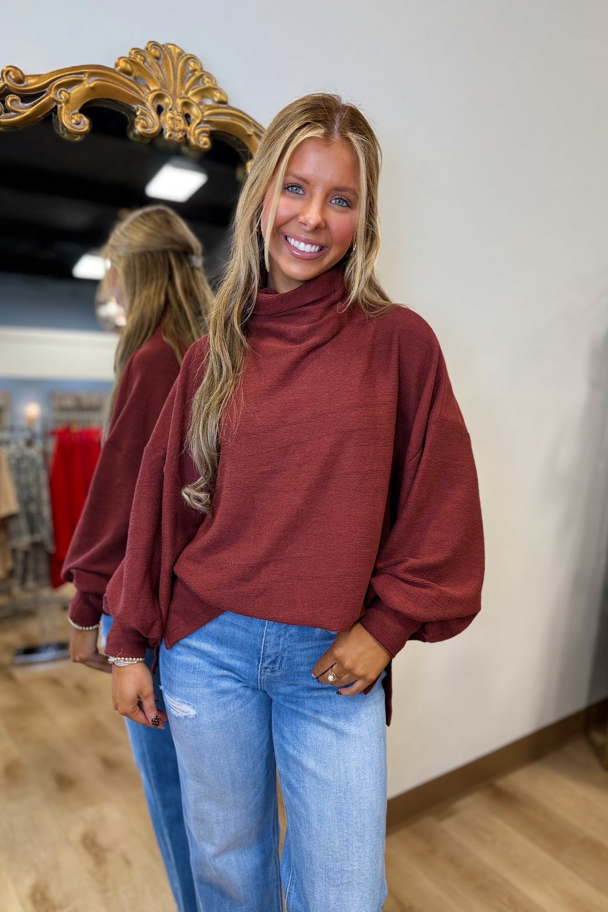 Margot Mock Neck Knit Top Brick