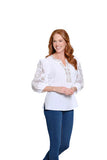 Crinkle Woven Top with Contrast Embroidery - White
