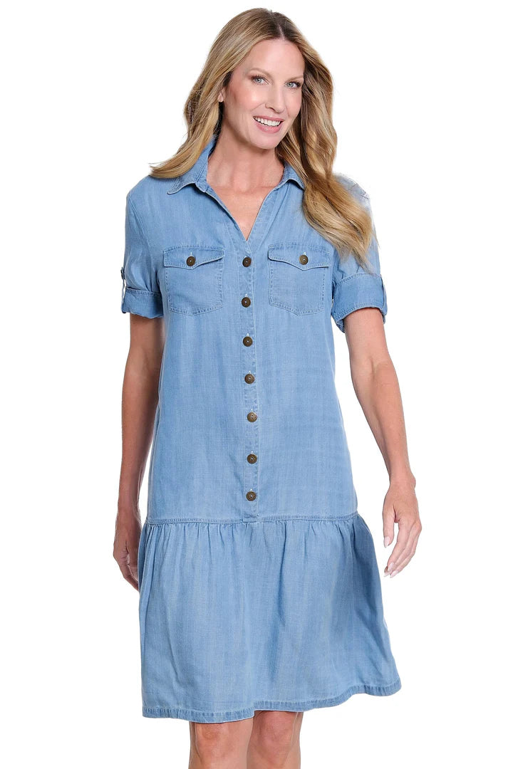 Twill & Denim Dress with Flounce Hem - Light Indigo