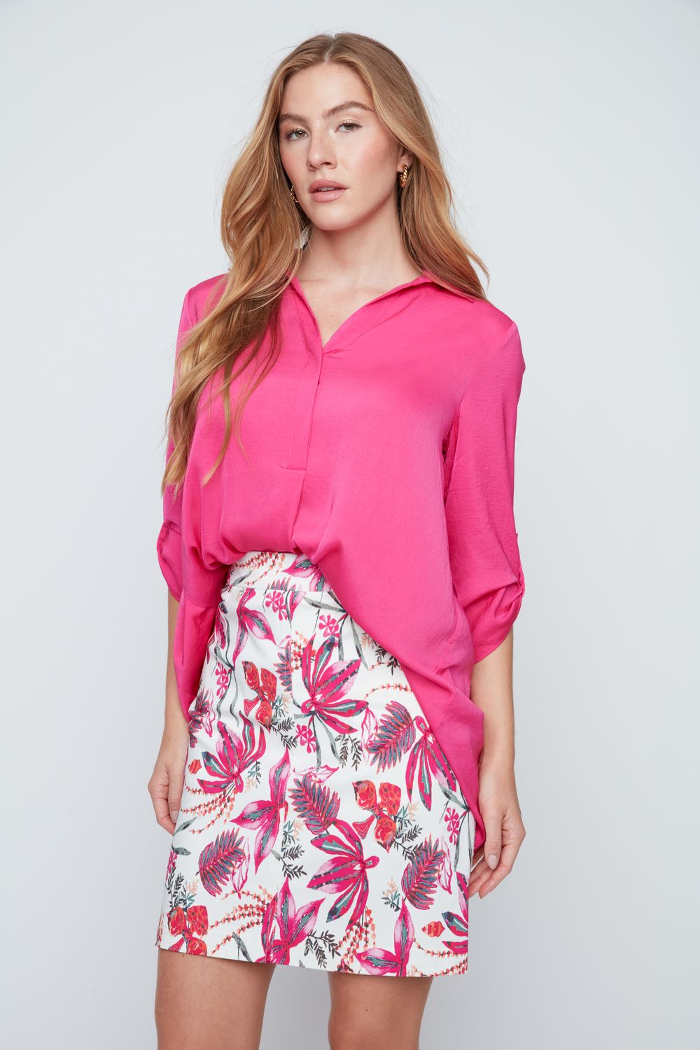 Renuar Split Neck Blouse Geranium
