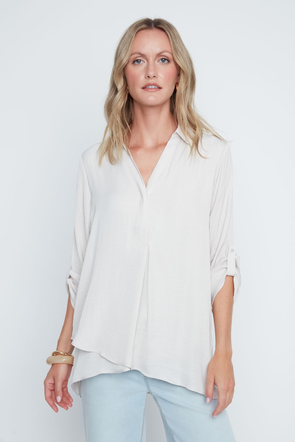 Renuar Split Neck Blouse Oyster