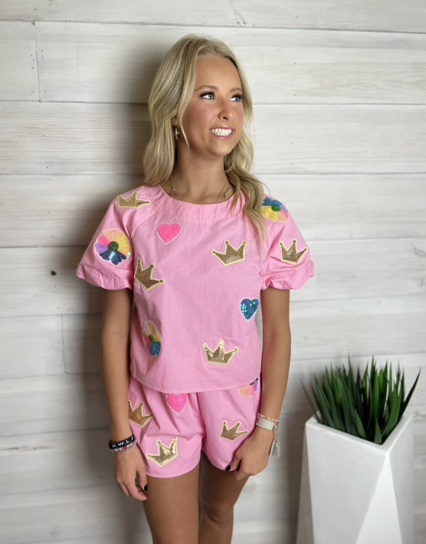 Crown & Flower Patch Short Set Pink