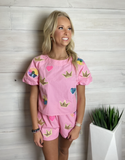 Crown & Flower Patch Short Set Pink