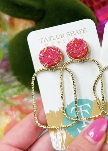 Pastel Glitter Top Hoops Rectangle Coral