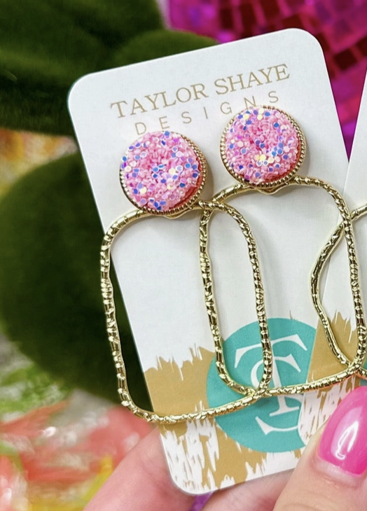 Pastel Glitter Top Hoops Rectangle Pink/Purple