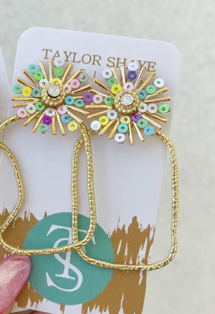 Taylor Shaye Rainbow Sequin Sunburst Hoops Rectangle