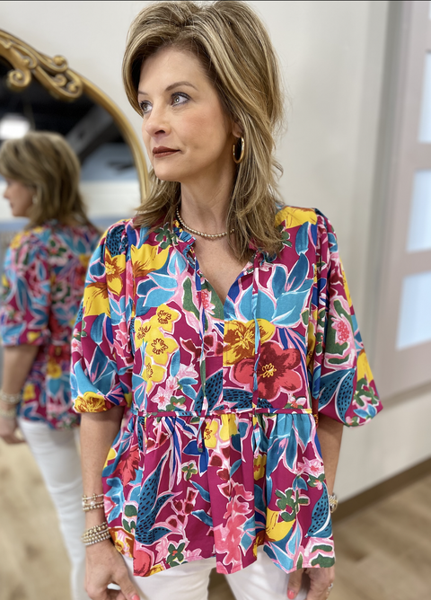 Amy 3/4 Sleeve Floral Top Mulberry Mix