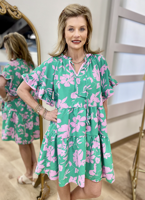 Orchid Print Tiered Dress Green