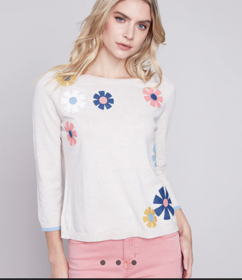 Charlie B Sweater with Flower Patches - White