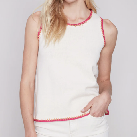 Charlie B Sleeveless Knit Top with Crochet Detail - Natural