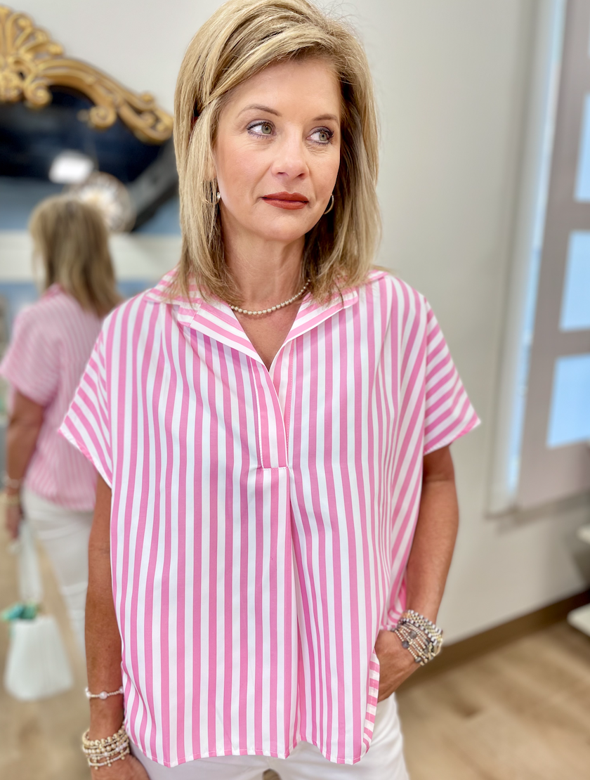 Karlie Stripe Poplin V Neck Top Pink