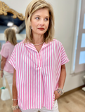 Karlie Stripe Poplin V Neck Top Pink
