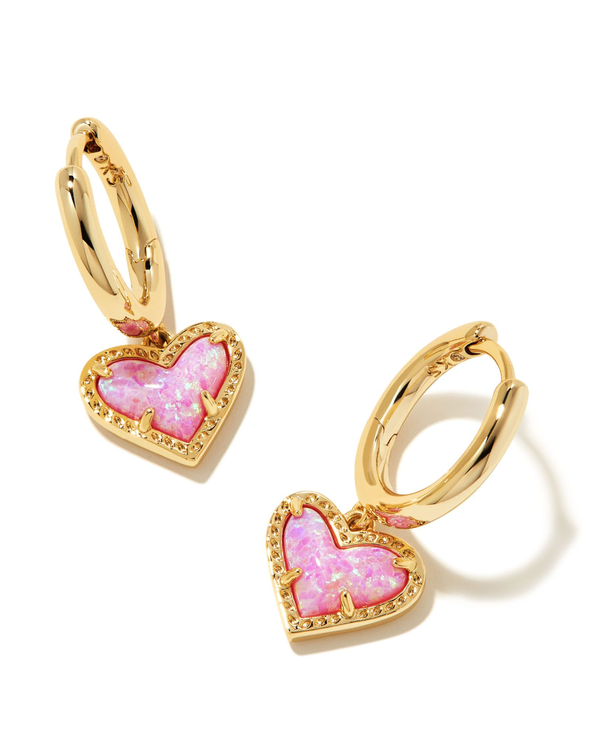Kendra Scott Ari Heart Huggie Earrings Gold Bubblegum Pink Kyocera Opal