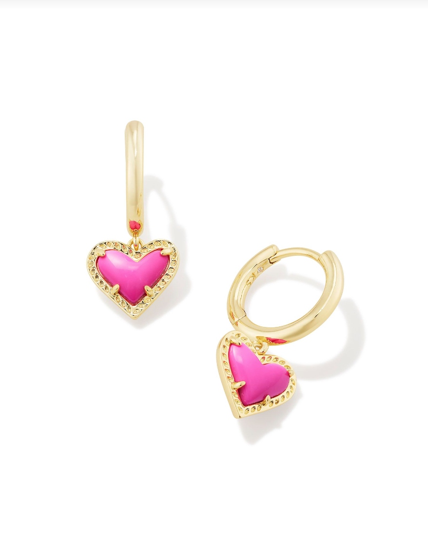 Kendra Scott Ari Heart Huggie Earrings Gold Neon Pink Magnesite