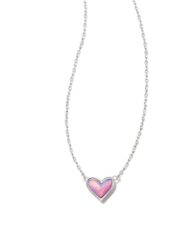 Kendra Scott Framed Ari Heart Silver Short Pendant Necklace Lilac Opalescent Resin