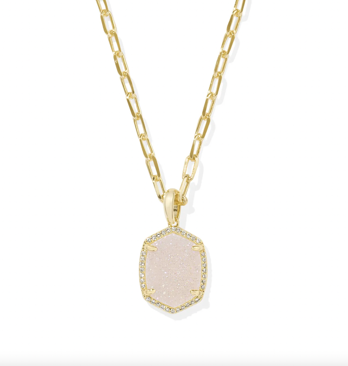 Kendra Scott Daphne Gold Pave Frame Short Pendant Necklace Iridescent Drusy