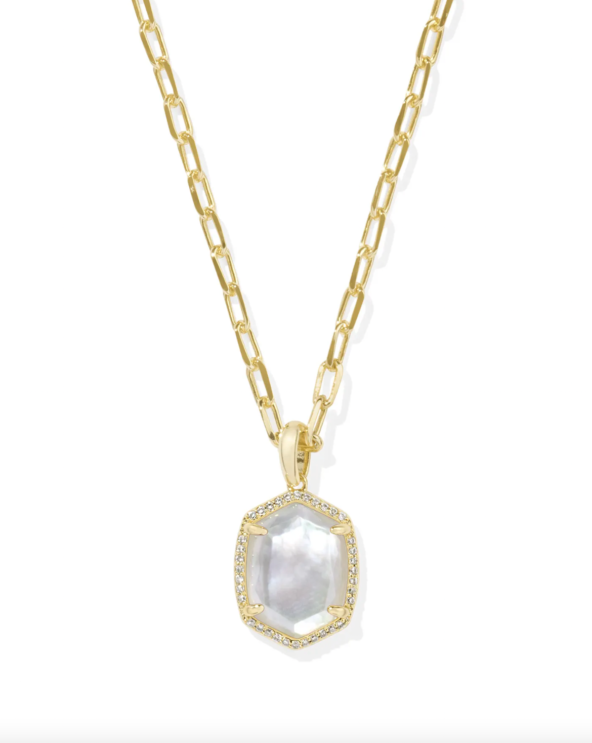 Kendra Scott Daphne Gold Pave Frame Short Pendant Necklace Iridescent Ivory Illusion