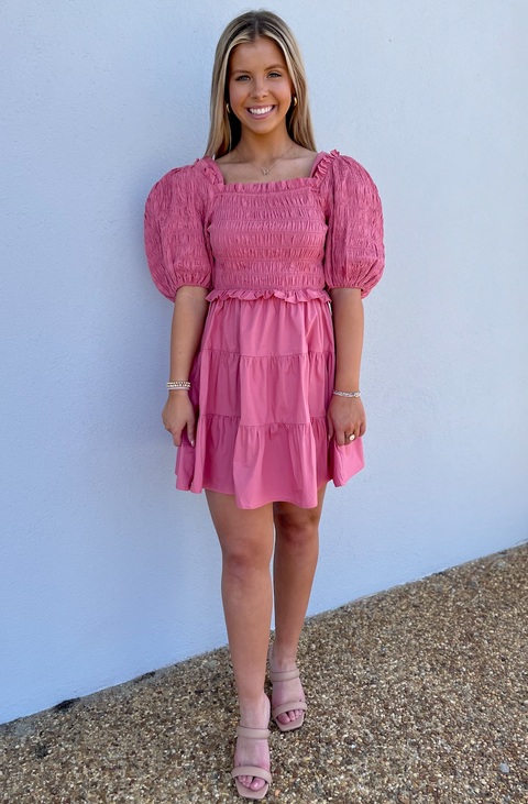 Puff Sleeve Smocked Mini Dress Pink