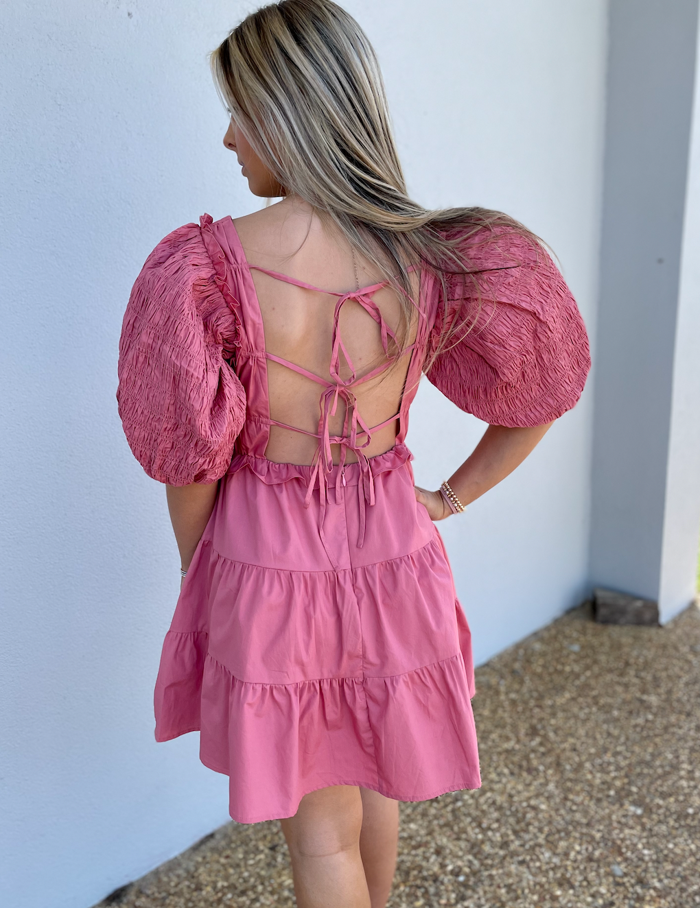 Puff Sleeve Smocked Mini Dress Pink