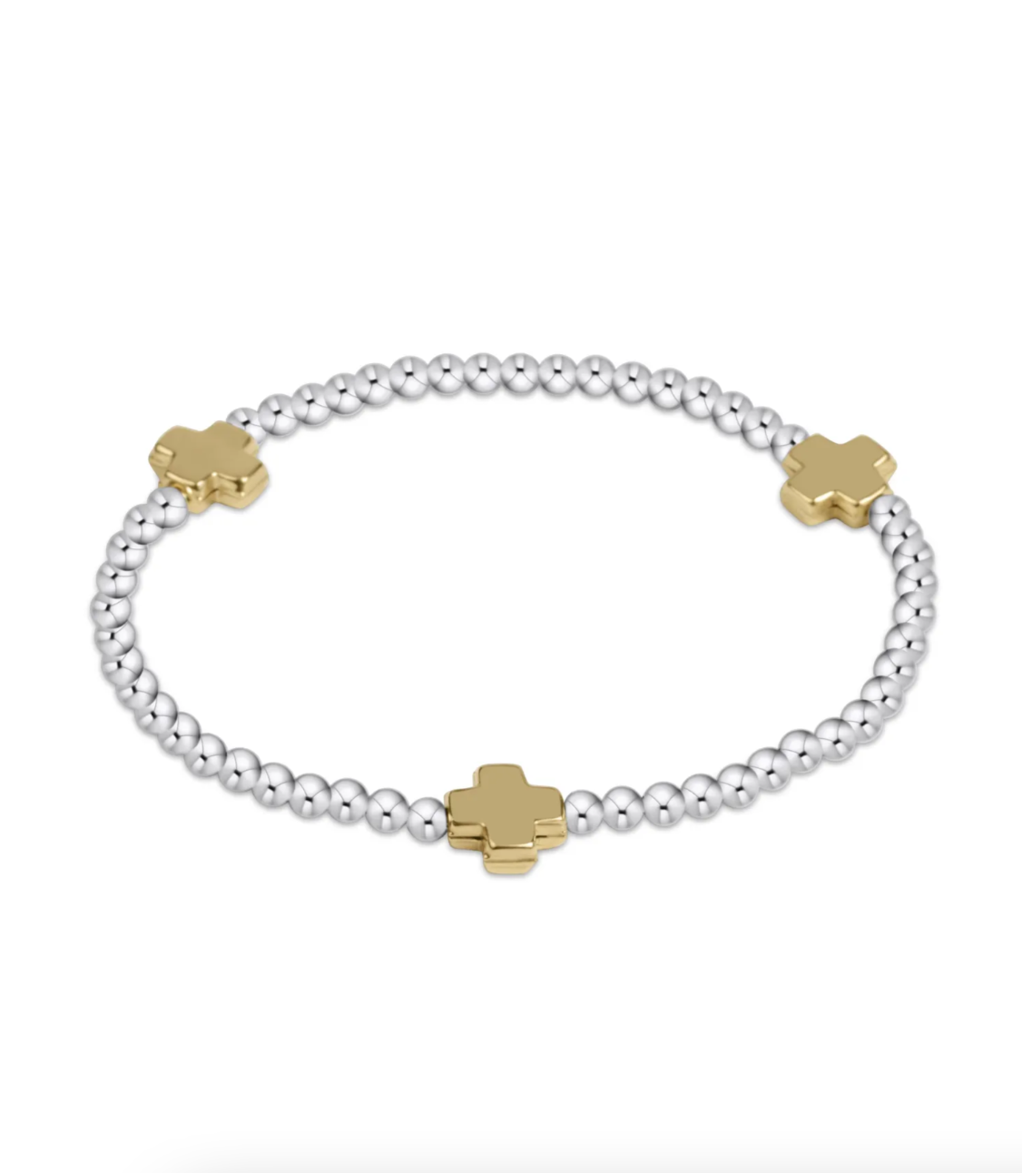 E Newton Signature Cross Small Sterling Mixed Metal Pattern 2mm Bead Bracelet Gold