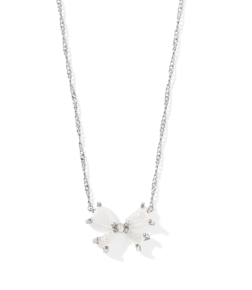 Kendra Scott Blair Silver Bow Small Short Pendant Necklace Iridescent Drusy