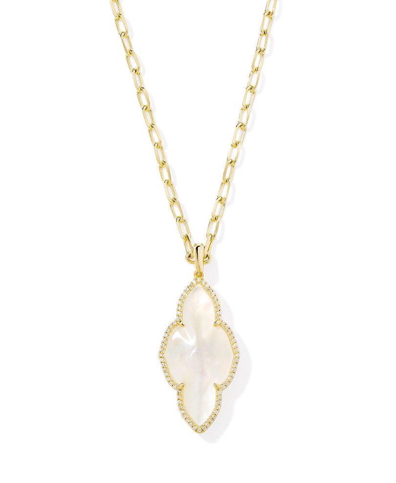 Kendra Scott Abbie Gold Pave Frame Large Long Pendant Necklace Ivory Mother of Pearl