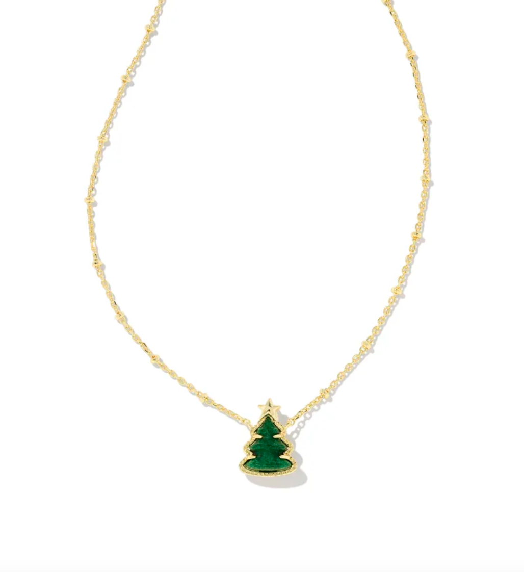 Kendra Scott Holiday Tree Gold Short Pendant Necklace Green Quartzite