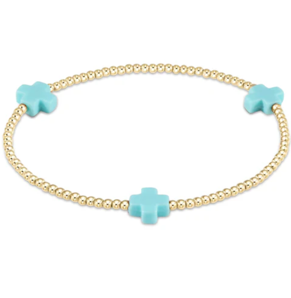 E Newton Signature Cross Gold Pattern 2mm Bead Bracelet Turquoise