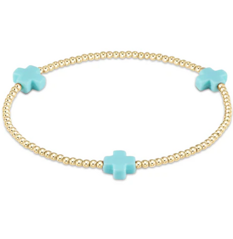 E Newton Signature Cross Gold Pattern 2mm Bead Bracelet Turquoise