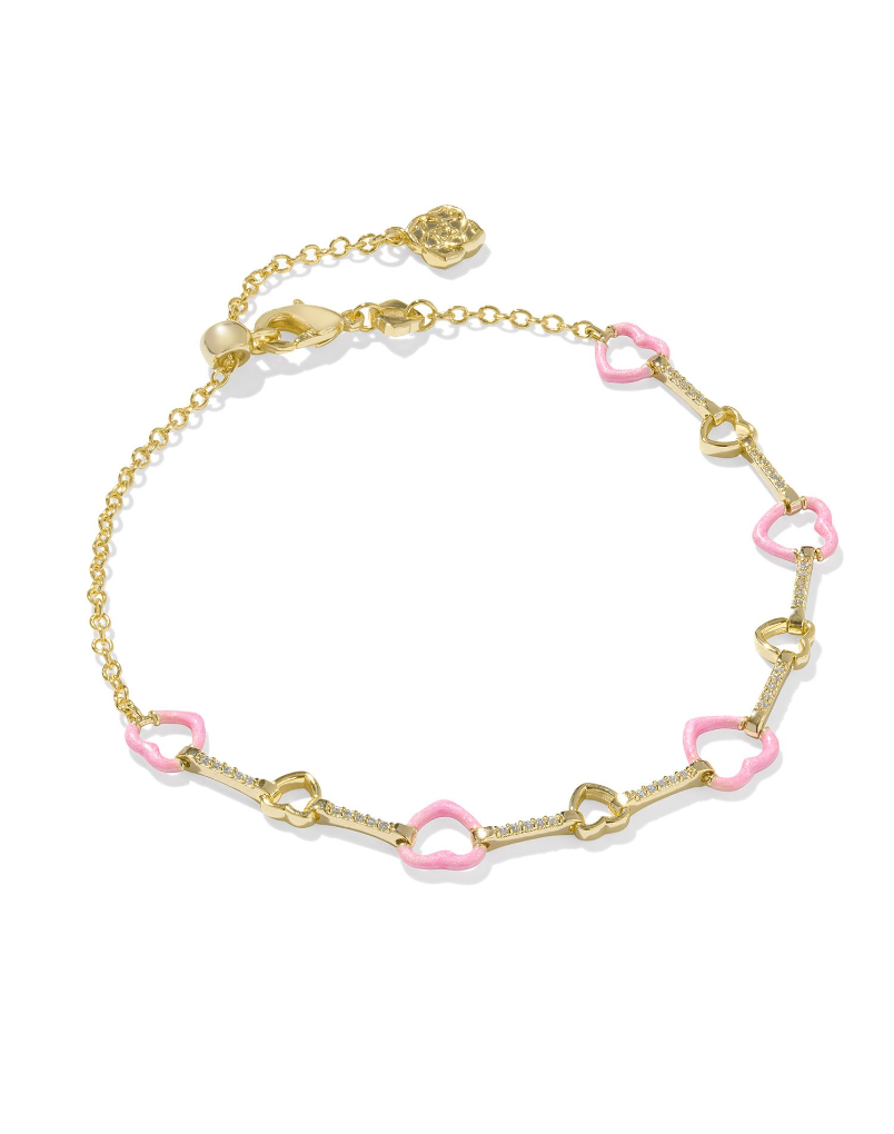 Kendra Scott Haisley Heart Gold Delicate Chain Bracelet Pink Pearlescent Enamel