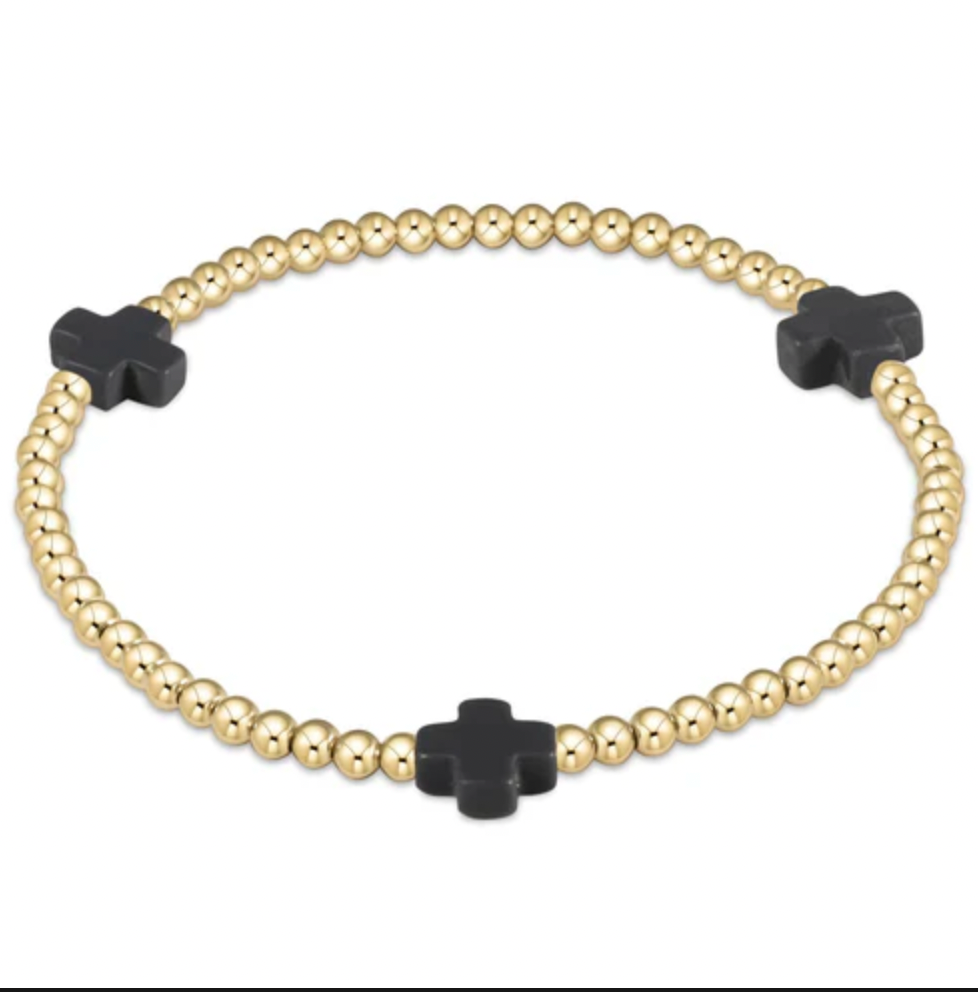 E Newton Signature Cross Gold Pattern 3mm Bead Bracelet Charcoal