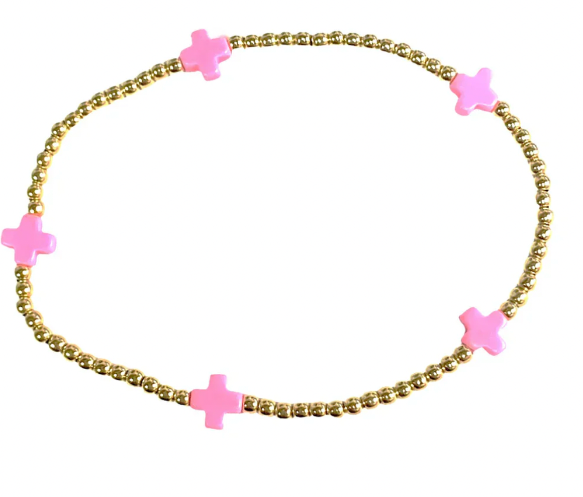 E Newton Signature Cross Small Gold Pattern 2mm Bead Bracelet Bright Pink