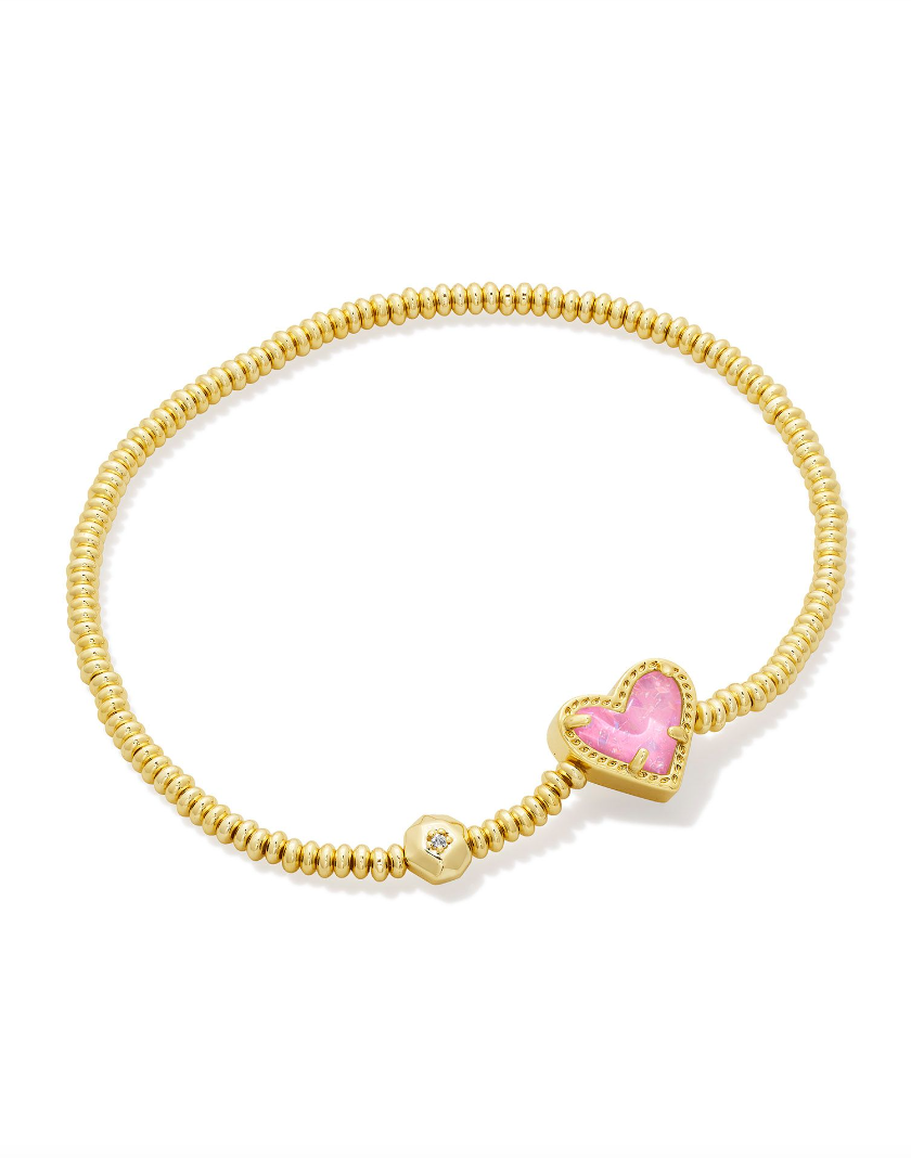 Kendra Scott Ari Heart Gold Stretch Bracelet Pink Iridescent Glitter Glass