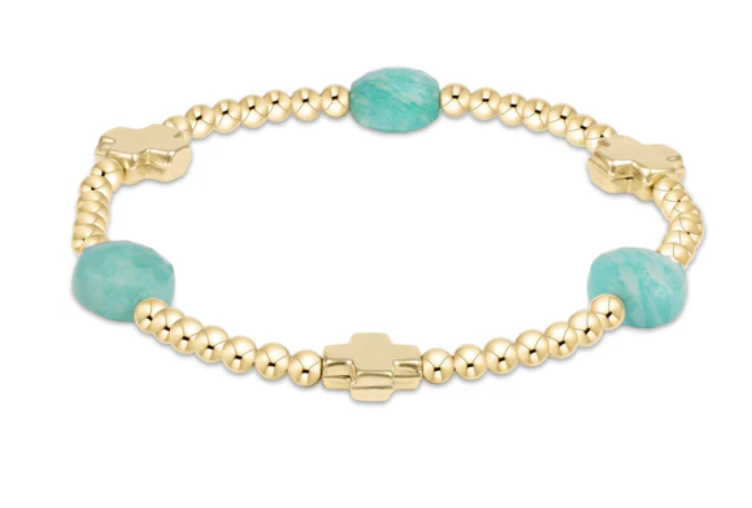 E Newton Signature Cross Admire Gold Pattern 3mm Bead Bracelet Amazonite
