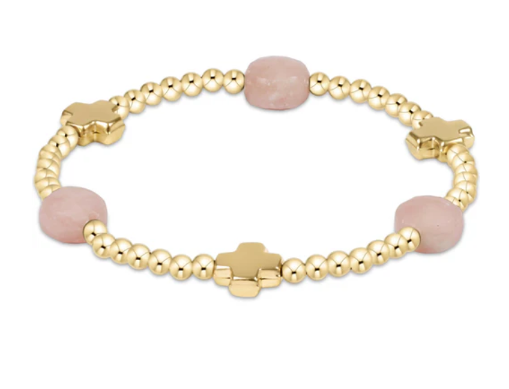 E Newton Signature Cross Admire Gold Pattern 3mm Bead Bracelet Pink Opal