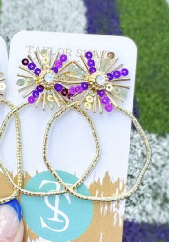 Taylor Shaye Gameday Sequin Sunburst Hoops Round Purple