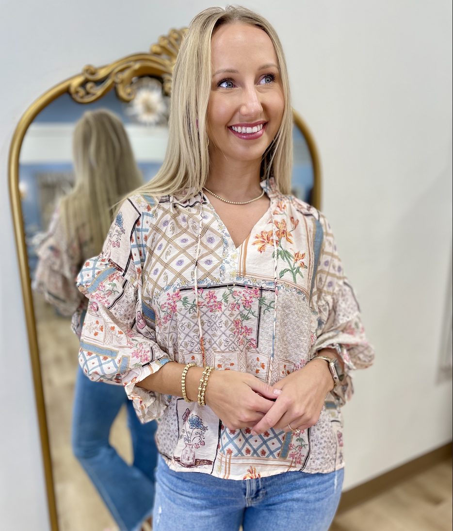 Bishop Sleeve Cream Print Top