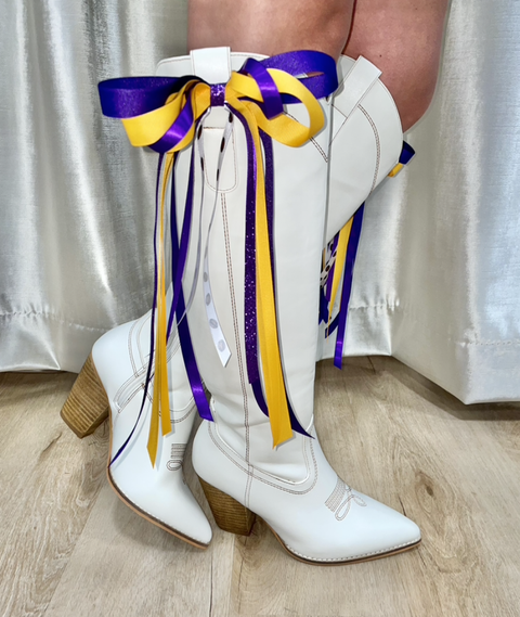Game Day Boot Bows w/footballs purple & gold