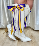 Game Day Boot Bows w/footballs purple & gold