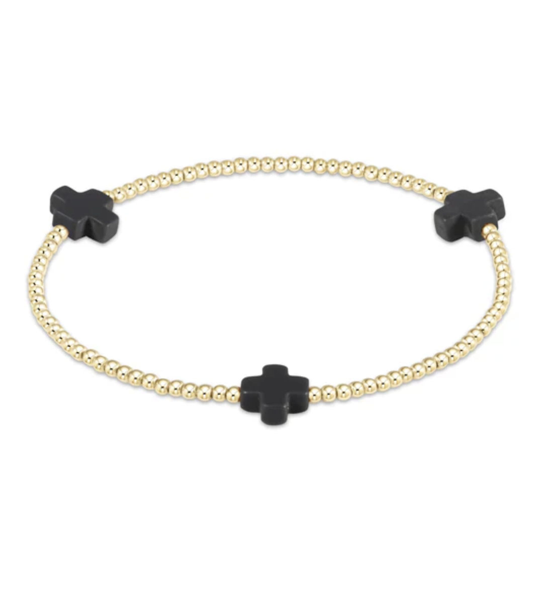 E Newton Signature Cross Gold Pattern 2mm Bead Bracelet  Onyx