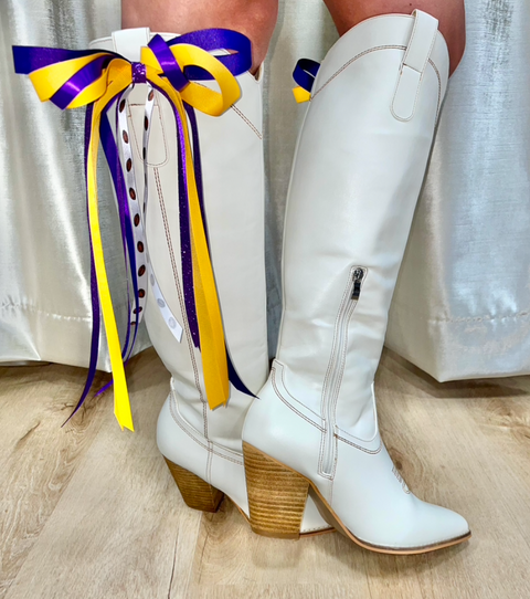 Game Day Boot Bows w/footballs purple & gold