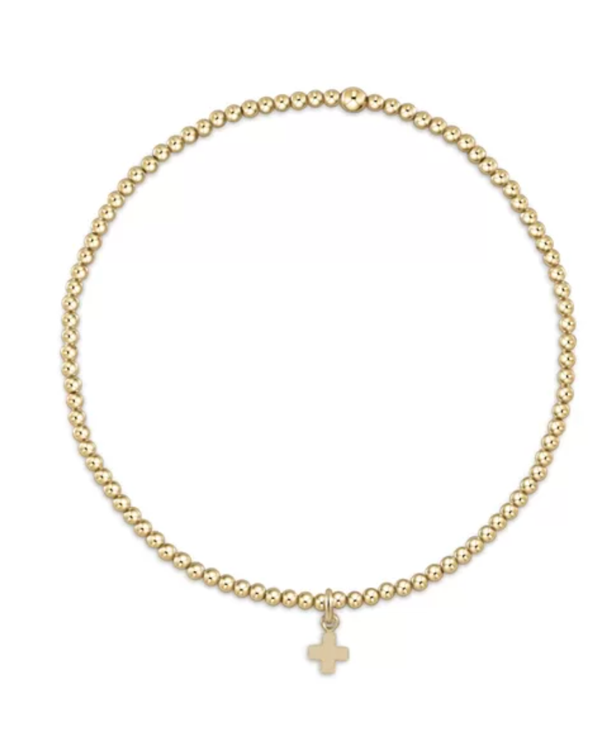 E Newton Classic Gold 2mm Bead Bracelet Signature Cross Small Charm