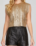 SLEEVELESS CABLE KNIT METALLIC CROP SWEATER Vest-gold
