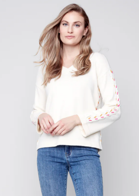 Charlie B V Neck Sweater W Embroidery Details Ecru