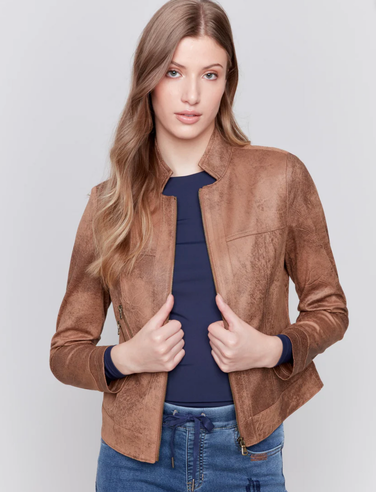 Charlie B Faux Suede Jacket w Zipper Truffle