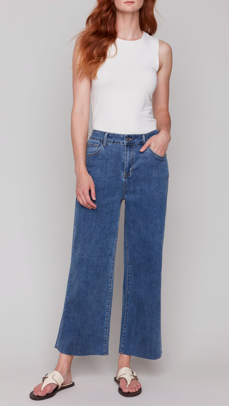 Charlie B Wide Leg Raw Edge Pant Medium Blue