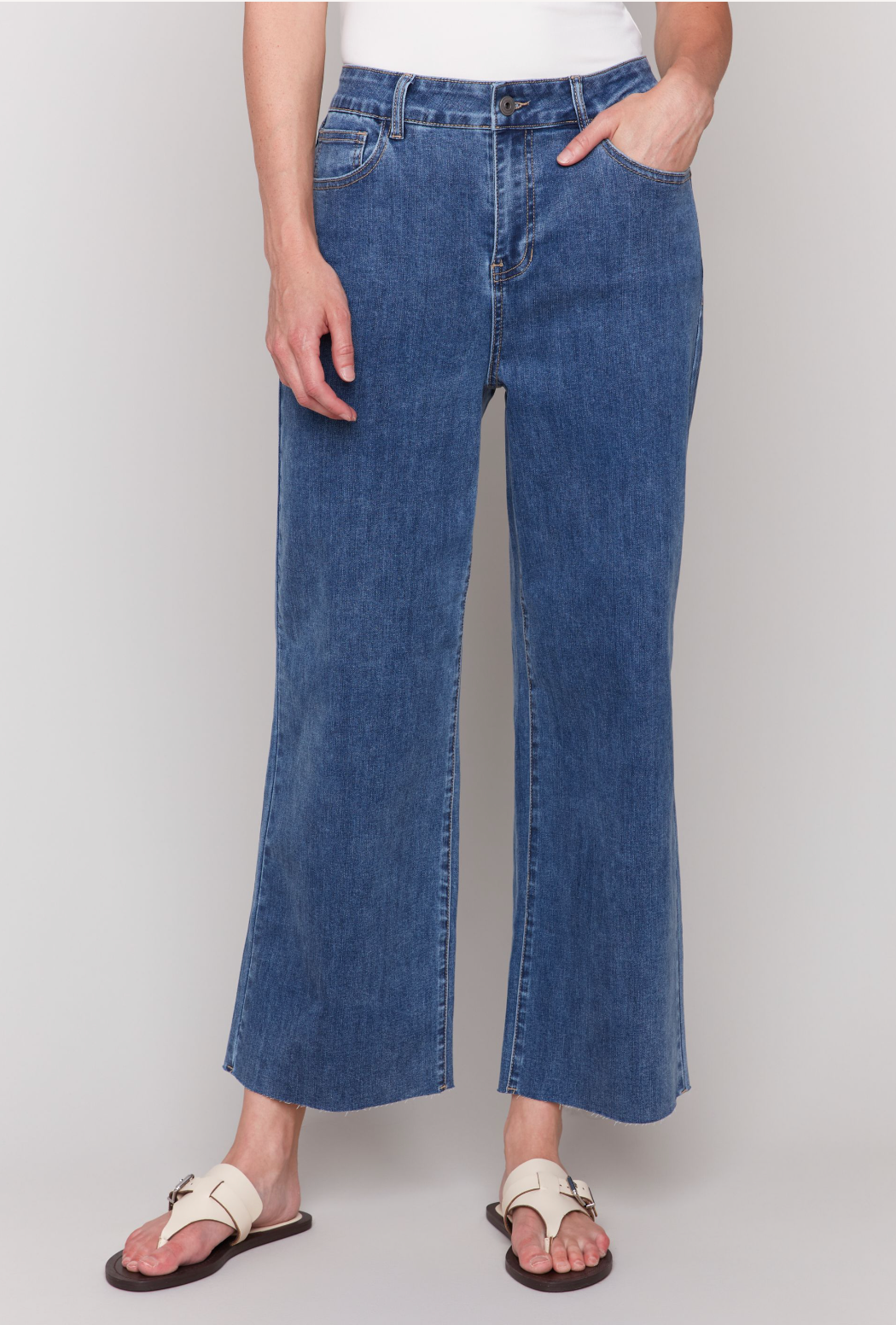 Charlie B Wide Leg Raw Edge Pant Medium Blue